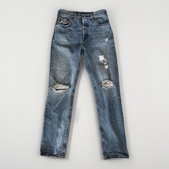 Levi’s Premium 501 Distressed Jeans Women’s W25 L30 Button Fly 100% Cotton - Picture 1 of 15